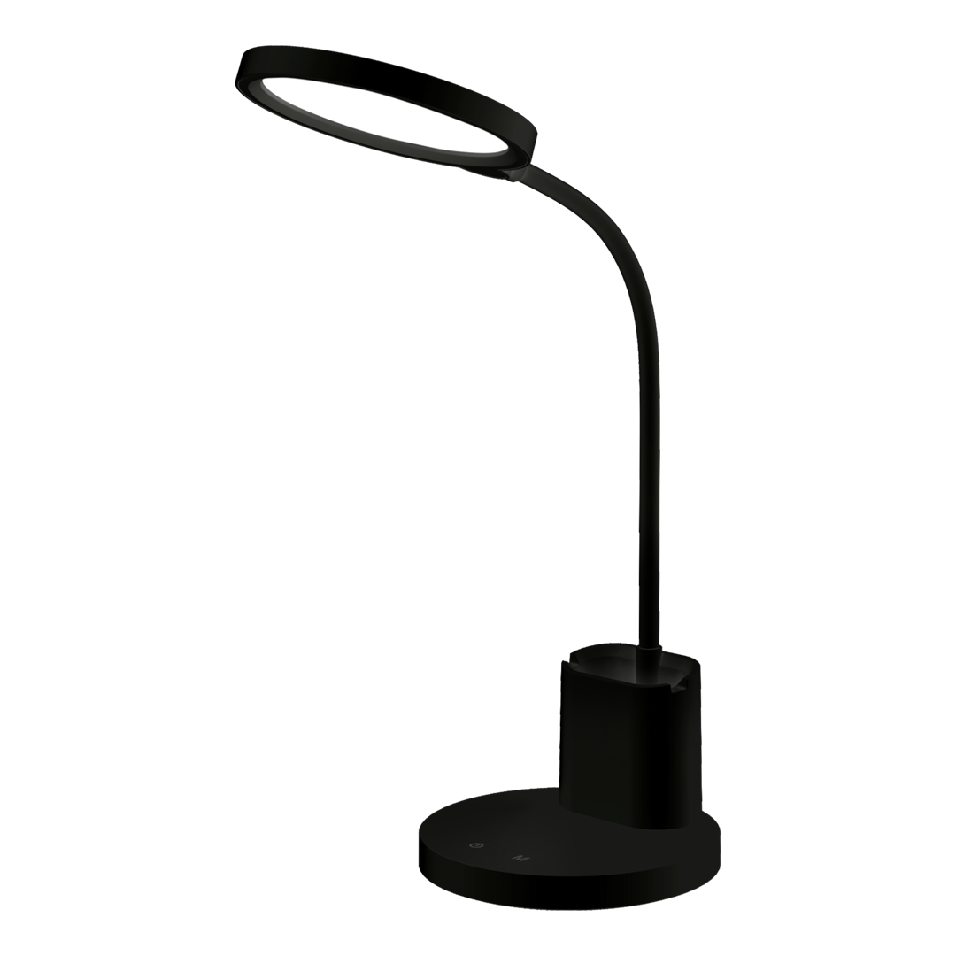 Czarna lampa biurkowa Scuola z jedną diodą LED o mocy 8W. Posiada elastyczny ramie i okrągłą podstawę z przyciskami włączania oraz regulacji. Minimalistyczny design, idealna do biura lub domowego użytku.