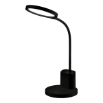 Czarna lampa biurkowa Scuola z jedną diodą LED o mocy 8W. Posiada elastyczny ramie i okrągłą podstawę z przyciskami włączania oraz regulacji. Minimalistyczny design, idealna do biura lub domowego użytku.