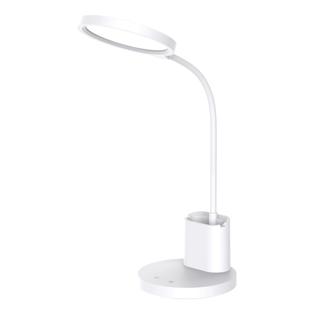 Lampa biurkowa Scuola w kolorze białym, z elastycznym ramieniem i okrągłym podstawą. Wyposażona w 1xLED/8W, z wbudowanym miejscem na przybory. Ujęcie z boku, podkreślające nowoczesny design i funkcjonalność.
