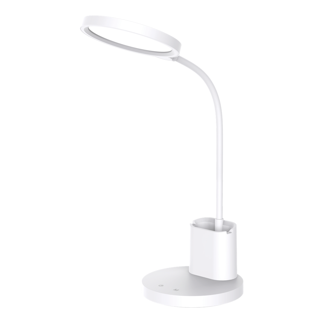 Lampa biurkowa Scuola w kolorze białym, z jedną diodą LED (8W). Posiada elastyczny, smukły ramie i okrągłą podstawę z wbudowanym pojemnikiem na przybory. Ujęcie z boku, prezentujące prosta formę i funkcjonalność.