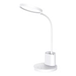 Lampa biurkowa Scuola w kolorze białym, z jedną diodą LED (8W). Posiada elastyczny, smukły ramie i okrągłą podstawę z wbudowanym pojemnikiem na przybory. Ujęcie z boku, prezentujące prosta formę i funkcjonalność.