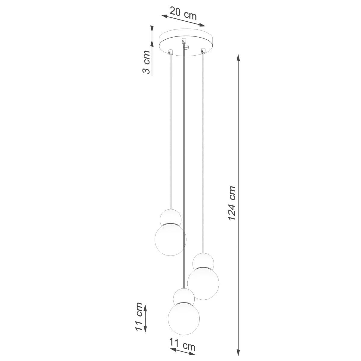 Lampa wisząca Pekka 3P z trzema oprawami G9, wykonana z drewna. Kuliste klosze o średnicy 11 cm zawieszone na linkach, z regulowaną wysokością do 124 cm. Podstawa o średnicy 20 cm, wysokość 3 cm. Prosty, minimalistyczny design.