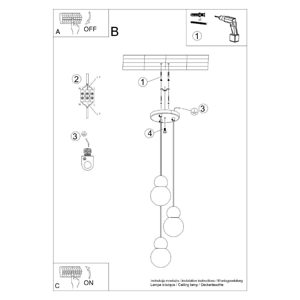 Lampa wisząca Pekka 3P z trzema źródłami światła G9, wykonana z drewna. Ułożona pionowo, z okrągłymi kloszami w białym kolorze. Widoczny mechanizm montażowy oraz instrukcja obsługi. Prosta, nowoczesna forma, idealna do aranżacji wnętrz.