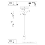 Lampa wisząca Pekka 1xG9 z drewnianym stelażem, zawieszona na cienkim przewodzie. Okrągły klosz w kolorze białym. Widok frontalny, ukazujący elementy montażowe oraz instrukcję użycia. Tło jednolite, co podkreśla produkt.