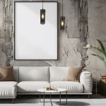 Lampa wisząca Padova 1xE27 w kolorze czarnym, o cylindrycznym kształcie z przezroczystym kloszem, zawieszona nad białą sofą w nowoczesnym wnętrzu z szarymi ścianami i minimalistycznym wystrojem.