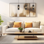 Lampa wisząca Padova 3xE27 w kolorze czarnym, o cylindrycznym kształcie, zawieszona na cienkich linkach. W tle widoczny jasny salon z białą sofą, poduszkami w odcieniach szarości i pomarańczy oraz drewnianym stolikiem.
