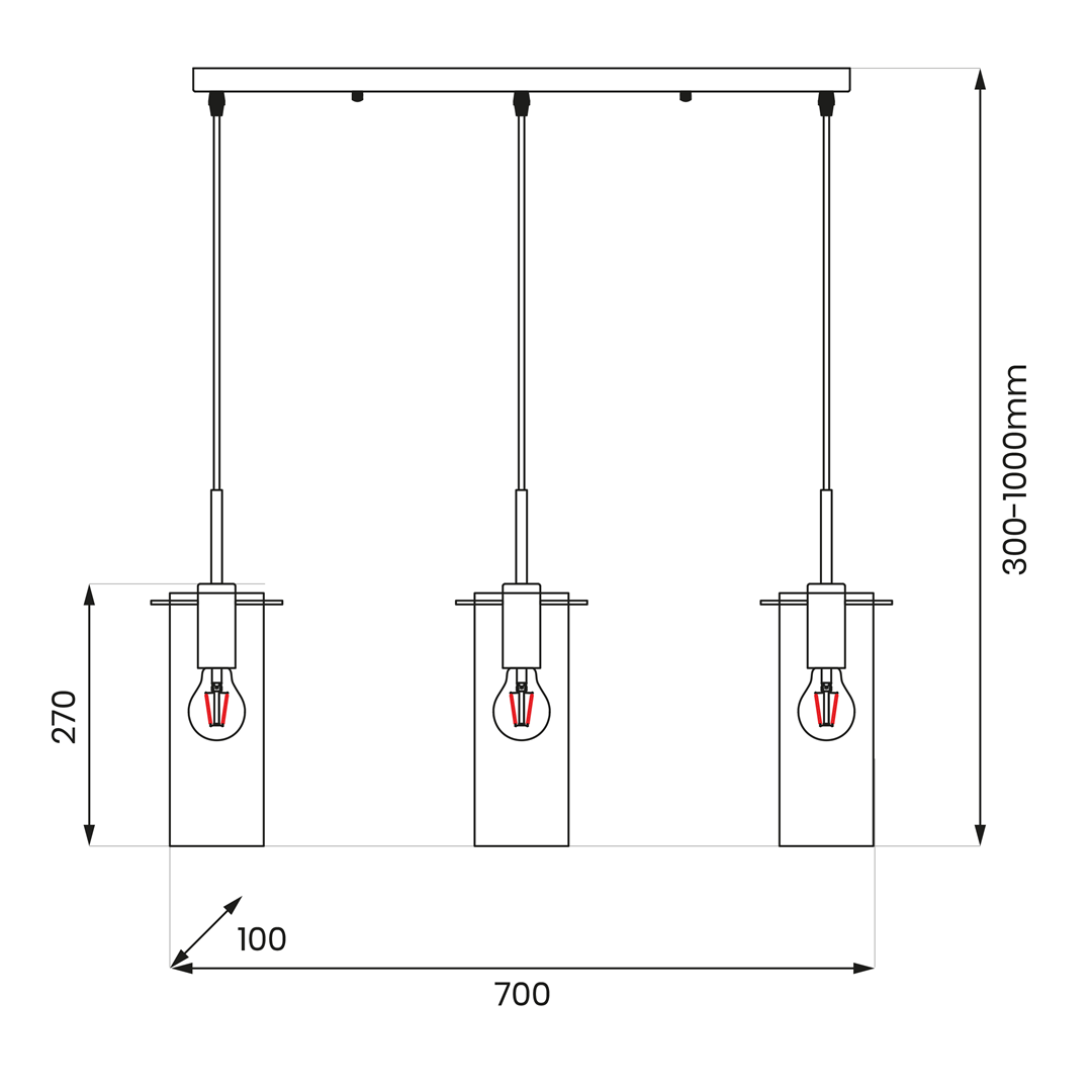 Lampa wisząca Padova z trzema oprawami E27 w kolorze czarnym. Ujęcie frontowe, wysokość 270 mm, szerokość 700 mm, z regulacją długości przewodów od 300 do 1000 mm. Prosta konstrukcja z metalowych elementów.
