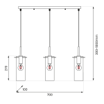 Lampa wisząca Padova z trzema oprawami E27 w kolorze czarnym. Ujęcie frontowe, wysokość 270 mm, szerokość 700 mm, z regulacją długości przewodów od 300 do 1000 mm. Prosta konstrukcja z metalowych elementów.