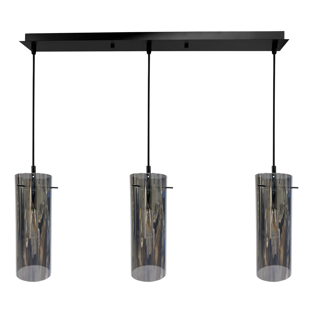 Lampa wisząca Padova 3xE27 w kolorze czarnym z metalowym stelażem. Posiada trzy cylindryczne klosze z przezroczystego szkła, zawieszone na regulowanych linkach. Ujęcie frontalne, ukazujące całą konstrukcję.