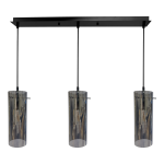 Lampa wisząca Padova 3xE27 w kolorze czarnym z metalowym stelażem. Posiada trzy cylindryczne klosze z przezroczystego szkła, zawieszone na regulowanych linkach. Ujęcie frontalne, ukazujące całą konstrukcję.