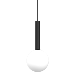 Lampa wisząca Play 1xG9 w kolorze czarnym. Produkt z okrągłym, białym kloszem i prostą, cylindryczną podstawą. Ujęcie frontalne, lampa zawieszona na cienkim przewodzie, na białym tle, co podkreśla jej minimalistyczny design.
