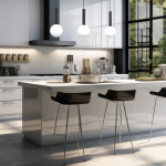 Lampa wisząca Play 1xG9 w kolorze czarnym, z okrągłą białą kulą, zawieszona nad białym blatem kuchennym. Widok z perspektywy frontalnej, w nowoczesnej kuchni z czarnymi hokerami i dużymi oknami, przez które wpada naturalne światło.