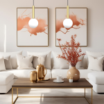 Lampa wisząca Play z jednym źródłem światła G9 w kolorze czarnym i złotym, zawieszona na cienkim kablu. W tle białe ściany z abstrakcyjnymi obrazami, eleganckie meble w stylu nowoczesnym oraz dekoracyjne akcesoria w odcieniach złota.