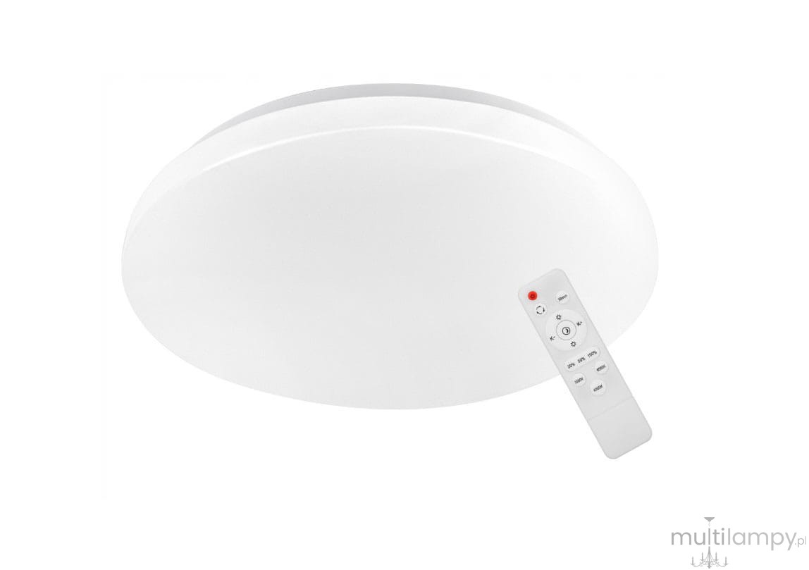 Plafon Erik LED D39 w kolorze białym, o okrągłym kształcie, z pilotem do zdalnego sterowania. Produkt ma klasę ochrony IP44, moc 72W oraz funkcję 3CCT do zmiany temperatury barwy światła. Ujęcie z boku, na jednolitym tle.