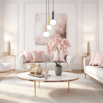 Lampa wisząca Play 3xG9 w kolorach czarnym, złotym i miedzi, z okrągłymi kloszami. Zawieszona na długich przewodach w eleganckim wnętrzu z jasnymi kanapami i dekoracyjnymi akcesoriami, takich jak kwiaty i szklane naczynia.