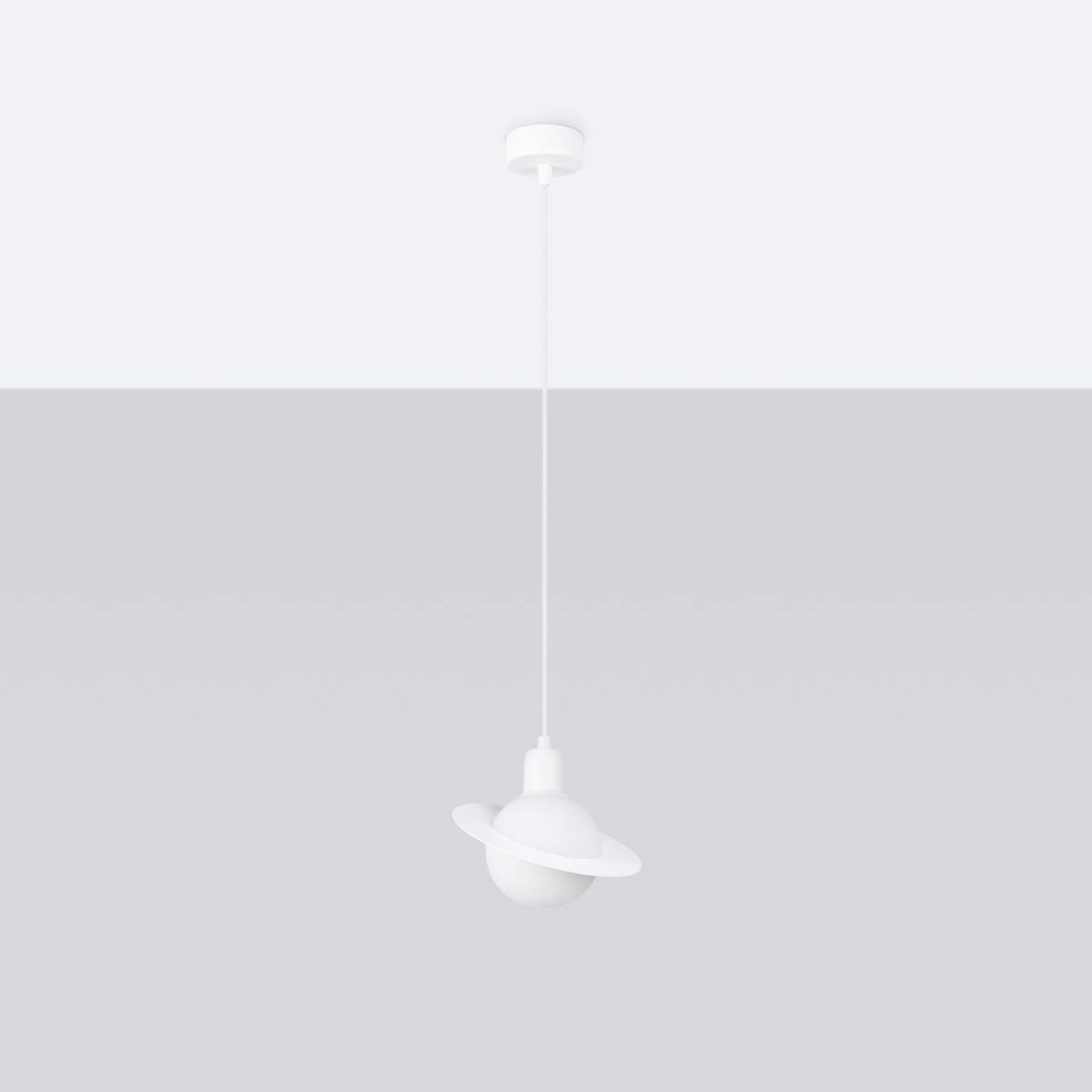 Lampa wisząca Hyperion 1xG9 w kolorze białym. Okrągła, matowa kula z płaskim, okrągłym pierścieniem. Zawieszona na cienkim, białym kablu. Ujęcie frontalne, na jednolitym tle. Idealna do nowoczesnych wnętrz.