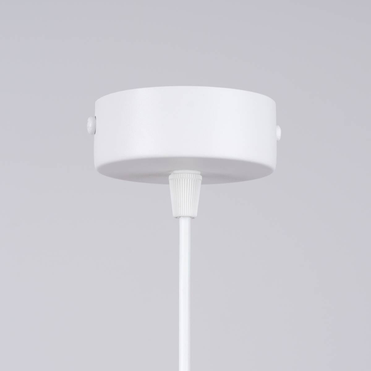 Biała lampa wisząca Hyperion z jednym gniazdem G9. Widok z dołu, pokazujący okrągły, gładki klosz oraz przymocowane do sufitu mocowanie. Prosty design, idealna do nowoczesnych wnętrz. Tło szare, podkreślające produkt.