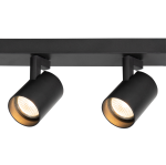 Czarna lampa sufitowa Volf z czterema reflektorami GU10. Montaż na suficie, w kształcie prostokątnej listwy z okrągłymi lampami, emitującymi ciepłe światło. Prosty design, idealna do nowoczesnych wnętrz.