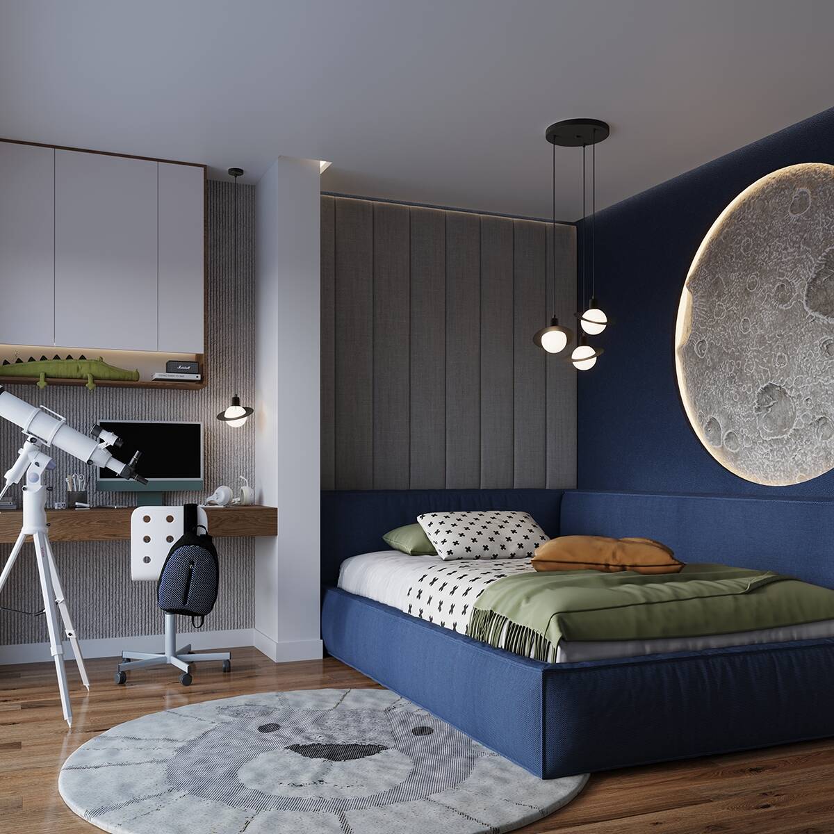 Lampa wisząca Hyperion 1xG9 w kolorze czarnym, zawieszona na trzech linkach. Posiada okrągłe klosze z białym szkłem, umieszczona w nowoczesnym wnętrzu z niebieską kanapą i szaro-skalnym tłem, obok biurka z teleskopem i komputerem.