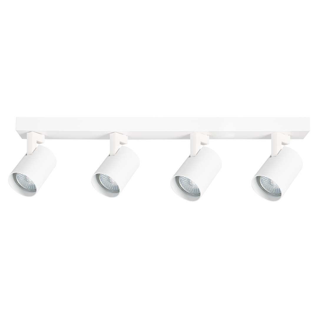 Lampa sufitowa Volf z czterema reflektorami GU10 w białej obudowie. Reflektory mają cylindryczny kształt, zamocowane na prostokątnej listwie. Ujęcie frontalne, na jednolitym tle, podkreślające minimalistyczny design.