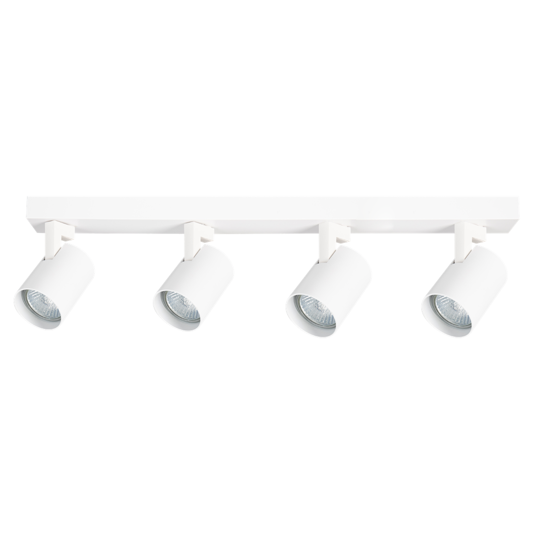 Lampa sufitowa Volf z czterema spotami, kolor biały. Ułożona poziomo, z regulowanymi kloszami GU10. Prosty design, metalowa konstrukcja, idealna do nowoczesnych wnętrz. Tło czarne, co podkreśla estetykę lampy.