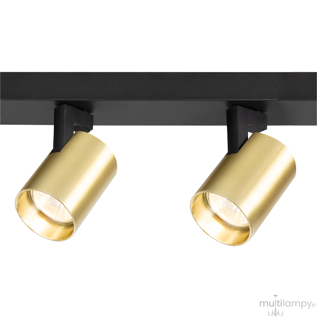Lampa sufitowa Volf w kolorze czarnym z złotymi reflektorami, wyposażona w cztery oprawy GU10. Ujęcie z boku, pokazujące dwa złote spoty zamocowane na prostokątnej, czarnej podstawie. Reflektory mają cylindryczny kształt i są skierowane w dół.