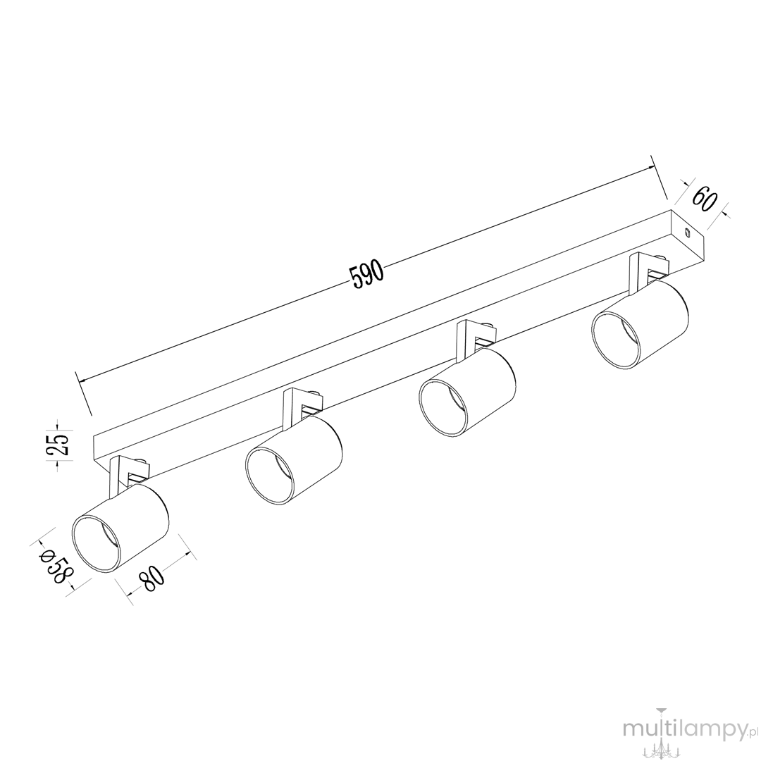 Czarna lampa sufitowa Volf z 4 reflektorami GU10, z metalową konstrukcją. Reflektory w złotym wykończeniu, zamontowane na prostokątnej listwie o wymiarach 590 mm x 60 mm x 125 mm. Idealna do oświetlenia wnętrz.