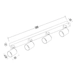 Czarna lampa sufitowa Volf z 4 reflektorami GU10, z metalową konstrukcją. Reflektory w złotym wykończeniu, zamontowane na prostokątnej listwie o wymiarach 590 mm x 60 mm x 125 mm. Idealna do oświetlenia wnętrz.