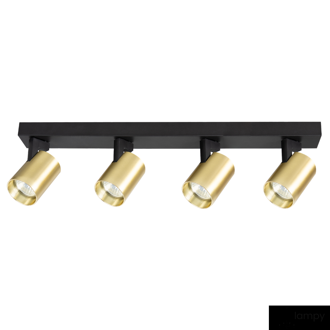 Lampa sufitowa Volf z czterema reflektorami GU10 w kolorze czarnym i złotym. Ułożona poziomo, z cylindrycznymi kloszami, które skierowane są w różnych kierunkach. Metalowa konstrukcja, nowoczesny design, idealna do oświetlenia wnętrz.
