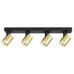 Lampa sufitowa Volf z czterema reflektorami GU10 w kolorze czarnym i złotym. Ułożona poziomo, z cylindrycznymi kloszami, które skierowane są w różnych kierunkach. Metalowa konstrukcja, nowoczesny design, idealna do oświetlenia wnętrz.