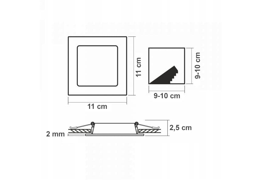 Oprawa do zabudowy LED Bingo S, kwadratowa, biała, o wymiarach 11 cm x 11 cm. Grubość 2,5 cm, z otworem montażowym 9-10 cm. Przeznaczona do zabudowy, idealna do oświetlenia wnętrz.