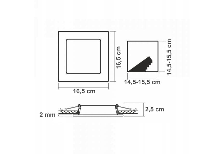 Oprawa do zabudowy LED Bingo S, kwadratowa, o wymiarach 16,5 cm x 16,5 cm, głębokość 2,5 cm, kolor biały. Widoczna struktura z góry oraz profil boczny z kątem nachylenia. Przeznaczona do montażu w sufitach.