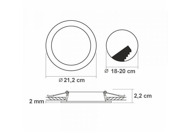 Oprawa do zabudowy LED Bingo R o średnicy 21,2 cm, przeznaczona do montażu w otworach o średnicy 18-20 cm. Grubość wynosi 2,2 cm, a wykonanie w kolorze białym. Wydajność 18W, 1440 lm, temperatura barwowa 4000K.