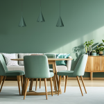 Lampa wisząca Capital D17 w butelkowej zieleni z kloszem w kształcie stożka, zawieszona nad drewnianym stołem w nowoczesnej jadalni. Tło w odcieniach zieleni, z roślinami i stylowym meblem w drewnie.