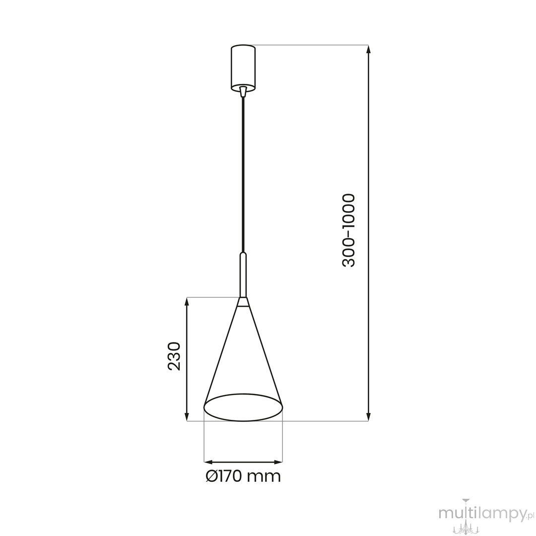 Lampa wisząca Capital D17 z mocowaniem GX53 w kolorze czarnym i miedzianym. Kształt stożkowy o średnicy 170 mm i wysokości 230 mm, z regulowaną długością zawieszenia od 300 do 1000 mm. Idealna do nowoczesnych wnętrz.