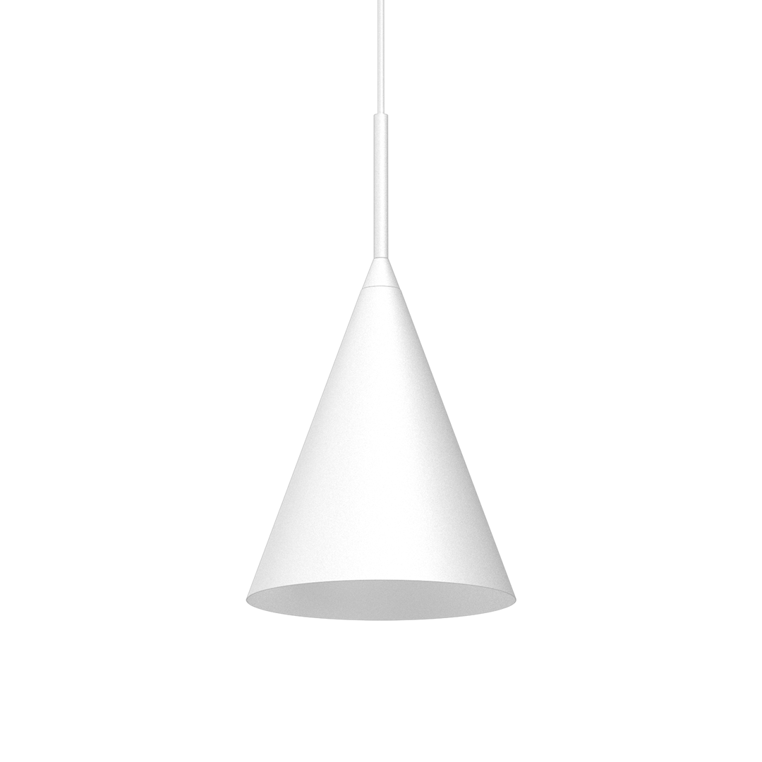 Biała lampa wisząca Capital D17 w kształcie stożka, zawieszona na cienkim przewodzie. Wyposażona w jedno gniazdo GX53. Prosta, nowoczesna forma, idealna do różnych aranżacji wnętrz. Tło jednolite, co podkreśla minimalistyczny design.
