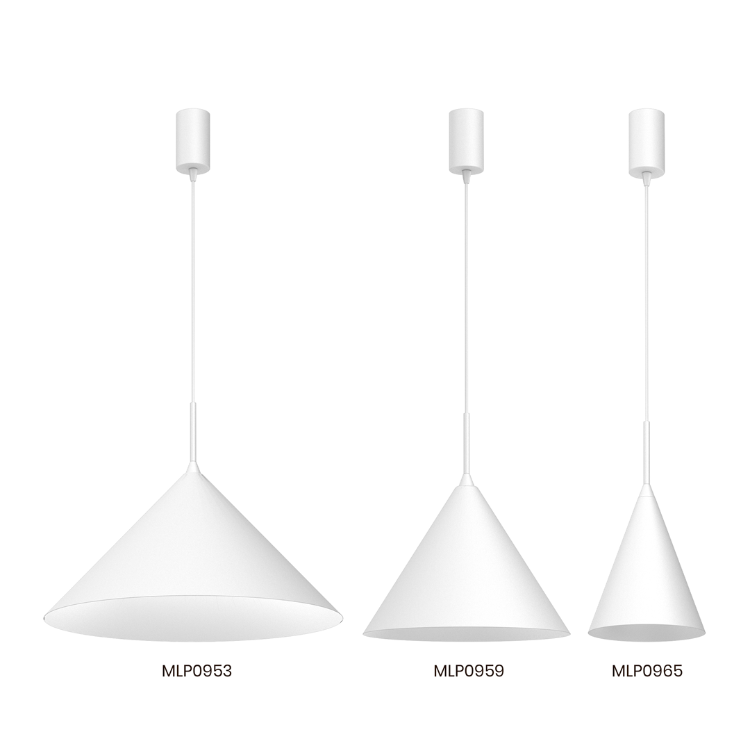 Lampa wisząca Capital D17 w kolorze białym z kloszem w kształcie stożka, zawieszona na cienkim przewodzie. Widoczne inne modele lamp z serii, wszystkie w jednolitym białym wykończeniu.