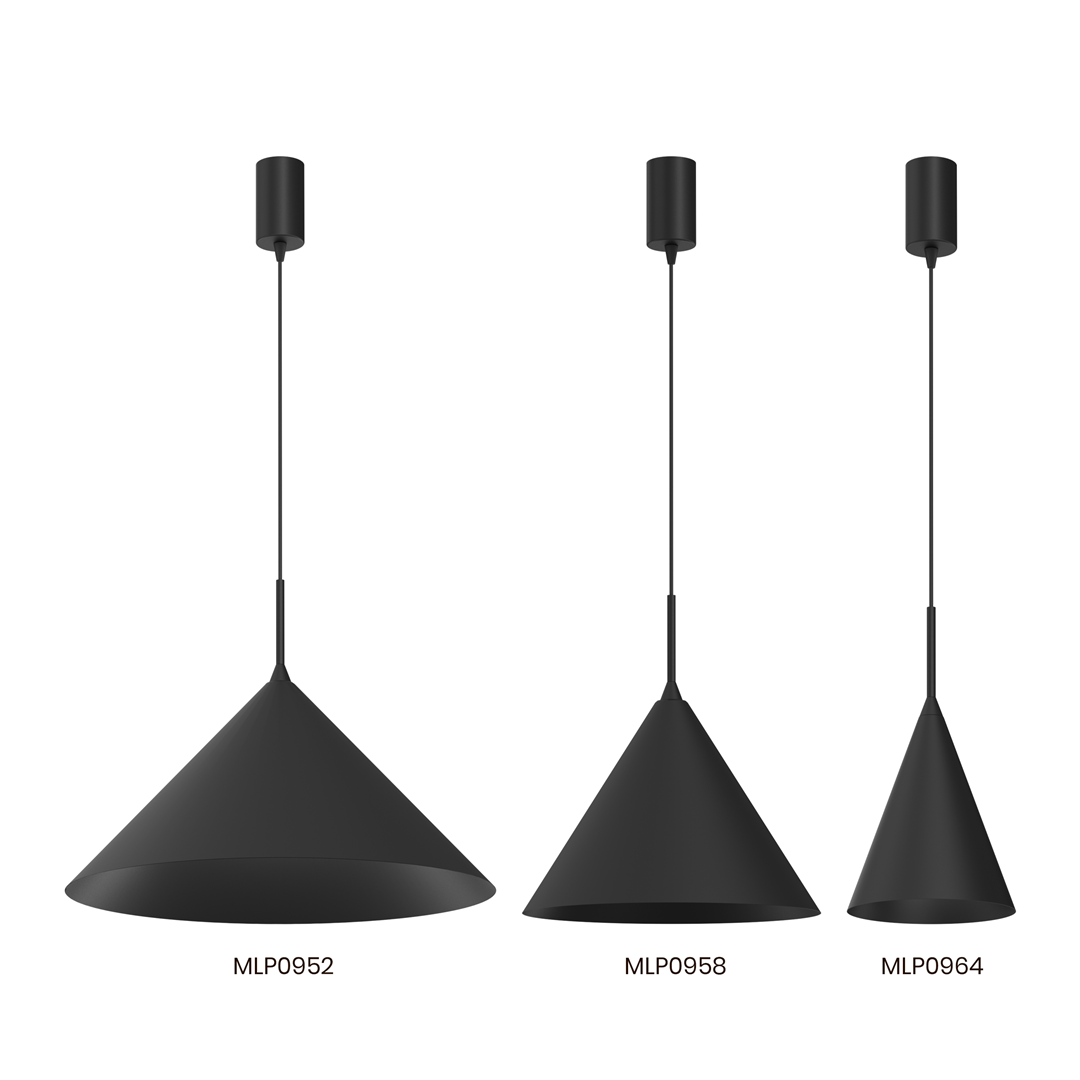Lampa wisząca Capital D17 w kolorze czarnym, z oprawą na żarówkę GX53. Prezentuje się w formie stożkowej, zawieszona na cienkim przewodzie. W zestawie z innymi modelami lamp w podobnym stylu, widocznymi obok.