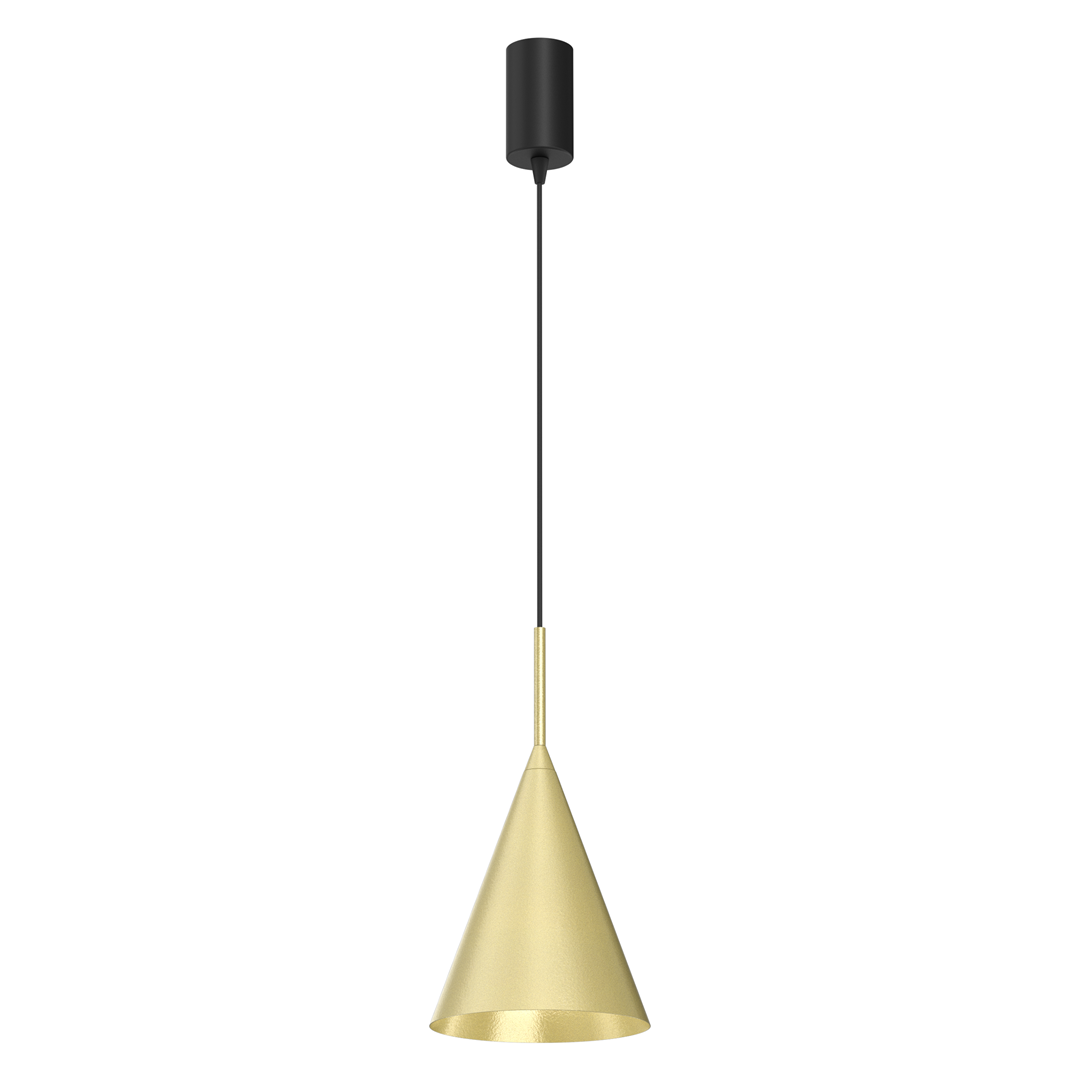 Lampa wisząca Capital D17 w kolorze czarnym i złotym, z metalowym kloszem w kształcie stożka. Zawieszona na cienkim czarnym kablu, z gniazdem GX53. Prosty, nowoczesny design idealny do różnych wnętrz.
