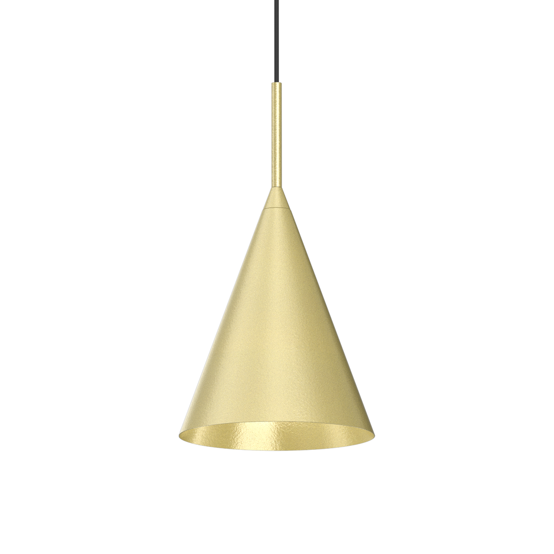 Lampa wisząca Capital D17 w kształcie stożka, w kolorze złotym z czarnym przewodem. Wykonana z metalu, idealna do nowoczesnych wnętrz. Może być montowana w różnych aranżacjach. Wymiary nieokreślone.