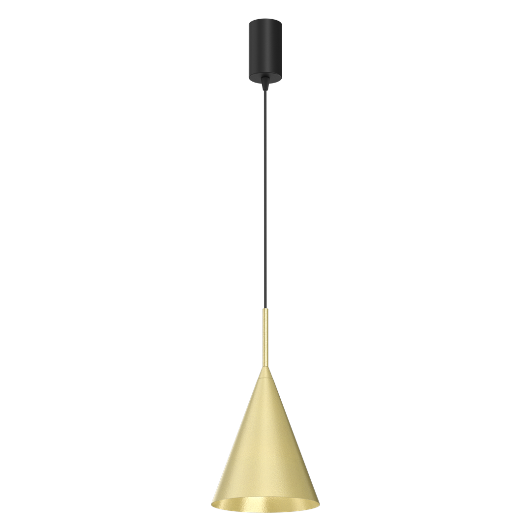 Lampa wisząca Capital D17 z metalowym kloszem w kształcie stożka w kolorze złotym, zawieszona na czarnym przewodzie z czarnym mocowaniem sufitowym. Przeznaczona do żarówki GX53.