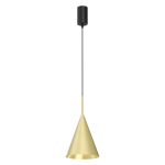 Lampa wisząca Capital D17 z metalowym kloszem w kształcie stożka w kolorze złotym, zawieszona na czarnym przewodzie z czarnym mocowaniem sufitowym. Przeznaczona do żarówki GX53.