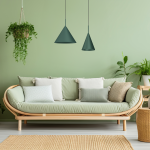 Lampa wisząca Capital D32 w kolorze butelkowej zieleni z jedną oprawą GX53, zawieszona w nowoczesnym wnętrzu. W tle widoczna sofy z poduszkami oraz rośliny doniczkowe na zielonej ścianie.
