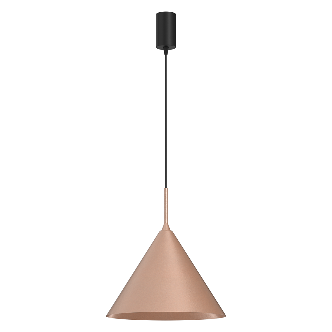 Lampa wisząca Capital D32 o kształcie stożkowym, w kolorze miedzi z czarnym przewodem i mocowaniem. Wzór minimalistyczny, przeznaczona do jednego źródła światła GX53. Zawieszona na długim kablu, idealna do nowoczesnych wnętrz.