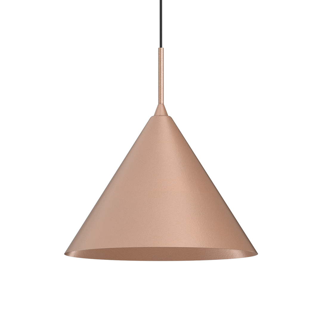 Lampa wisząca Capital D32 w kształcie stożka, wykonana z metalu w kolorze miedzi z matową powierzchnią. Posiada czarny przewód, zawieszona w pozycji wiszącej, przeznaczona do żarówki GX53. Idealna do nowoczesnych wnętrz.