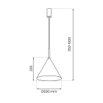 Lampa wisząca Capital D32 o średnicy 320 mm i wysokości 230 mm, w kolorze czarnym z miedzianymi detalami. Posiada konstrukcję w kształcie stożka, zawieszona na regulowanym przewodzie o długości 350-1000 mm.