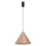 Lampa wisząca Capital D32 w kolorze czarnym i miedzianym, z metalowym stożkowym kloszem, zawieszona na cienkim czarnym przewodzie. Klosz ma matową fakturę, a górna część jest cylindryczna i czarna. Produkt ma jedno gniazdo GX53.