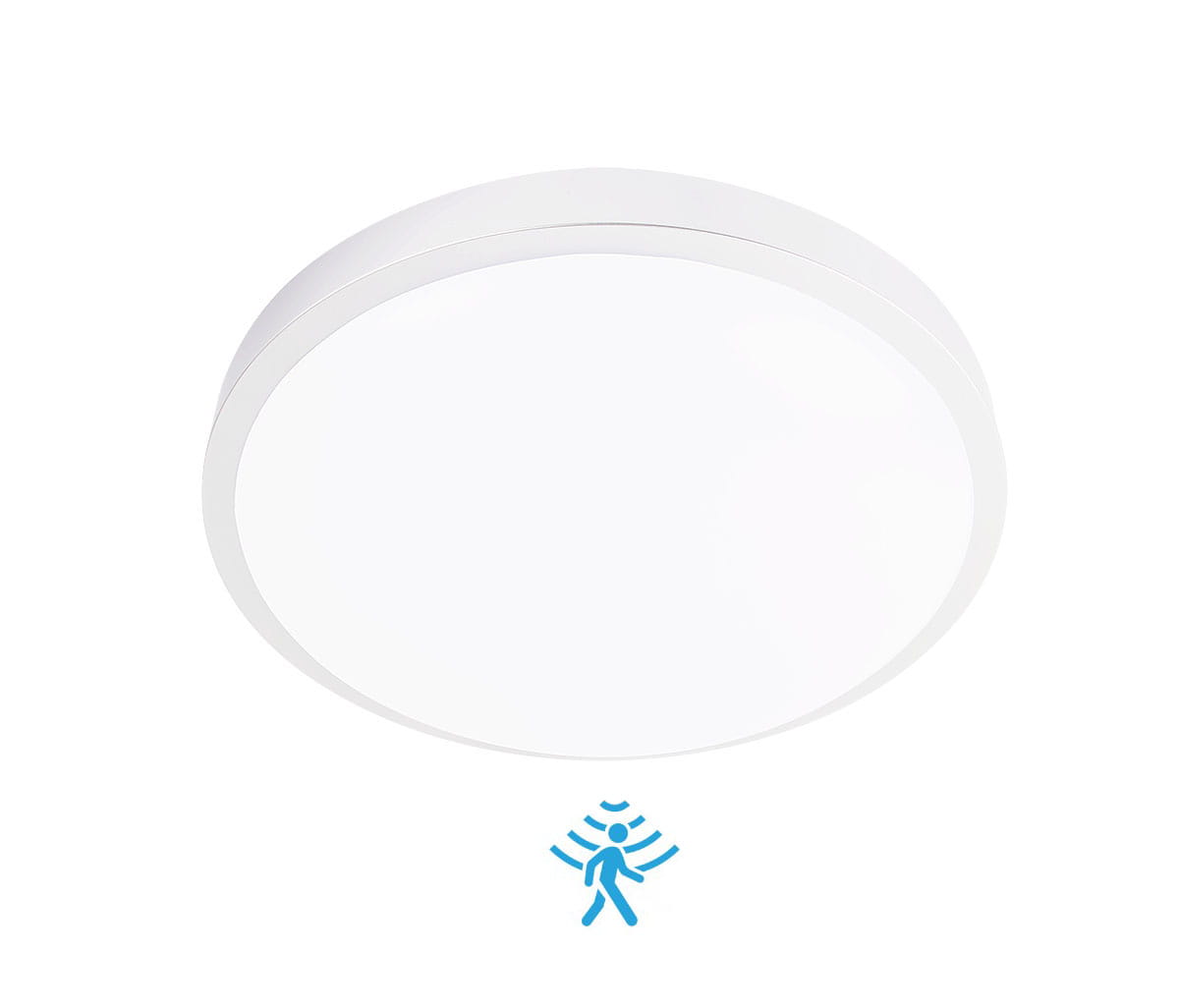 Plafon Luvo D29,5 cm w kolorze białym, okrągły, z czujnikiem ruchu. Wykonany z materiałów odpornych na wilgoć (IP44). Montowany sufitowo, z widocznymi miejscami na dwie żarówki E27. Prosty i nowoczesny design, idealny do różnych wnętrz.
