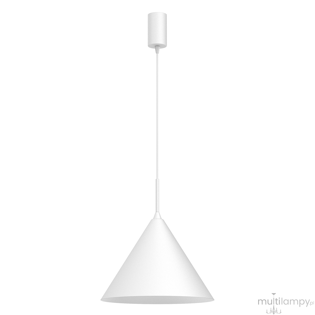 Lampa wisząca Capital D32 w kolorze białym, z kloszem w kształcie stożka, zawieszona na cienkim, białym kablu. U góry umieszczony okrągły uchwyt montażowy. Przeznaczona do żarówki GX53. Prosta i nowoczesna forma.