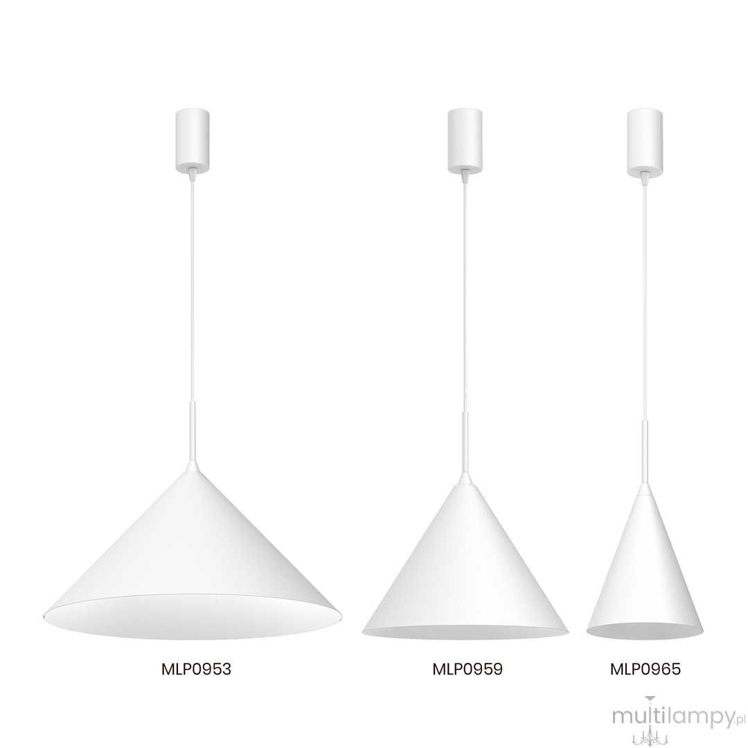 Lampa wisząca Capital D32 w kolorze białym, z jedną oprawą GX53. Ma stożkowaty kształt i jest zawieszona na cienkim przewodzie. Widoczne są także dwa inne modele lamp o podobnym designie.